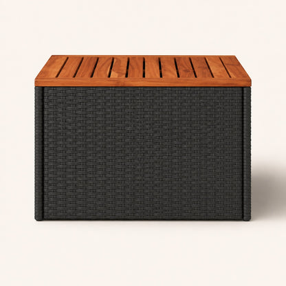 Table basse de jardin noire en résine tressée et bois naturel pour espace d’extérieure contemporain.