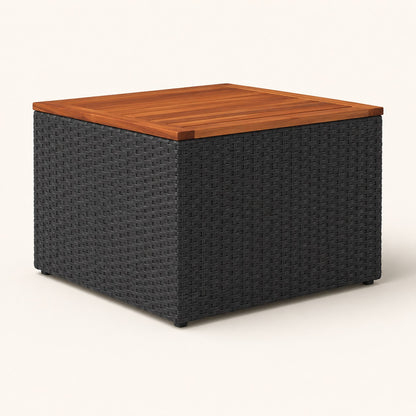Table basse de jardin noire tressée avec plateau en bois, idéale pour mobilier d’extérieure design.