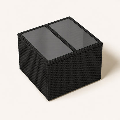 Table basse de jardin noire avec double plateau en verre fumé, idéale pour mobilier d’extérieure design.