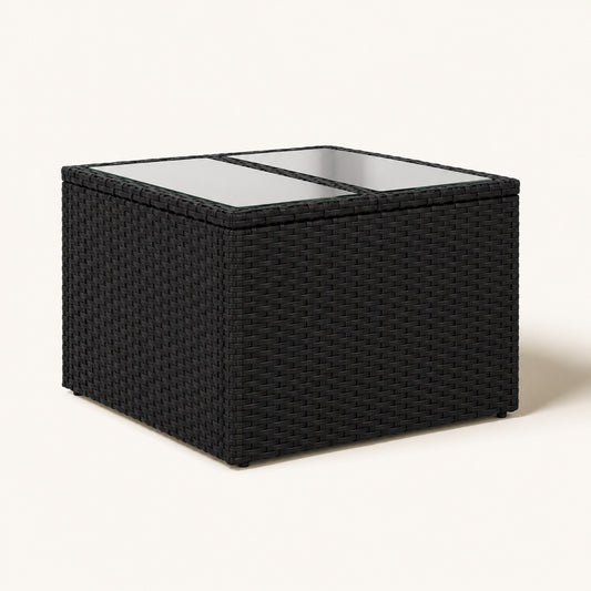 Table basse de jardin noire en résine tressée et bois naturel pour espace d’extérieure contemporain.