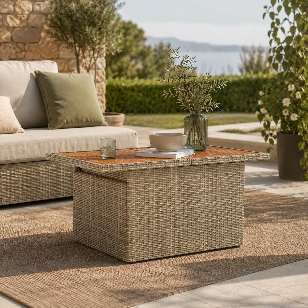 Table basse d'extérieur beige avec plateau bois dans un salon de jardin lumineux et élégant
