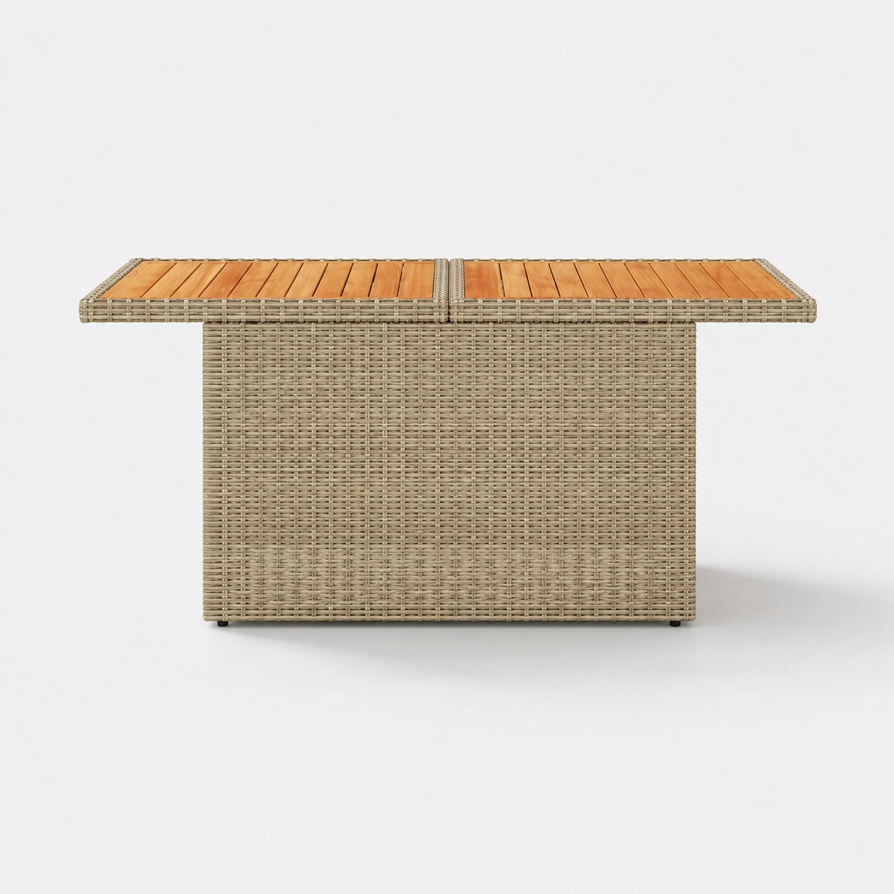 Table basse de jardin beige vue de face avec plateau bois pour mobilier extérieur contemporain