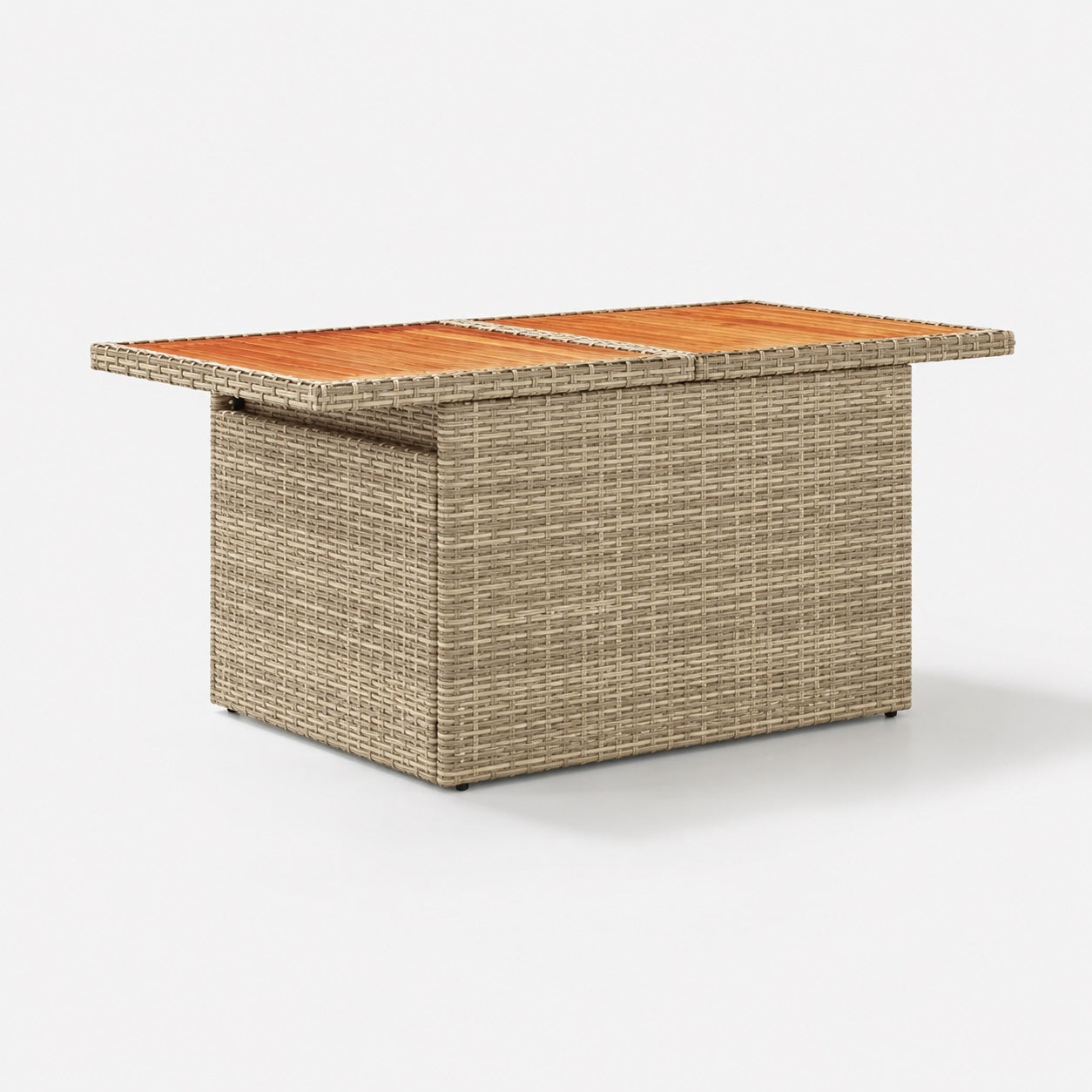 Table basse de jardin beige en résine tressée avec plateau bois pour terrasse extérieure moderne