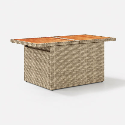 Table basse de jardin beige en résine tressée avec plateau bois pour terrasse extérieure moderne