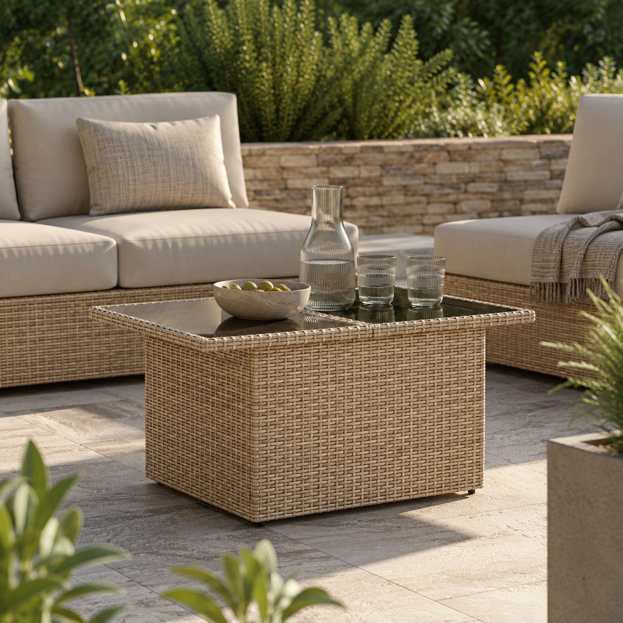 Table basse d'extérieur beige en résine tressée avec plateau verre dans un salon de jardin élégant