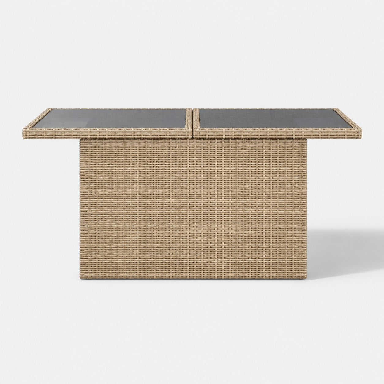 Table basse de jardin rectangulaire beige avec plateau en verre pour terrasse et mobilier extérieur