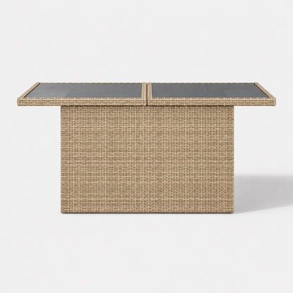 Table basse de jardin rectangulaire beige avec plateau en verre pour terrasse et mobilier extérieur