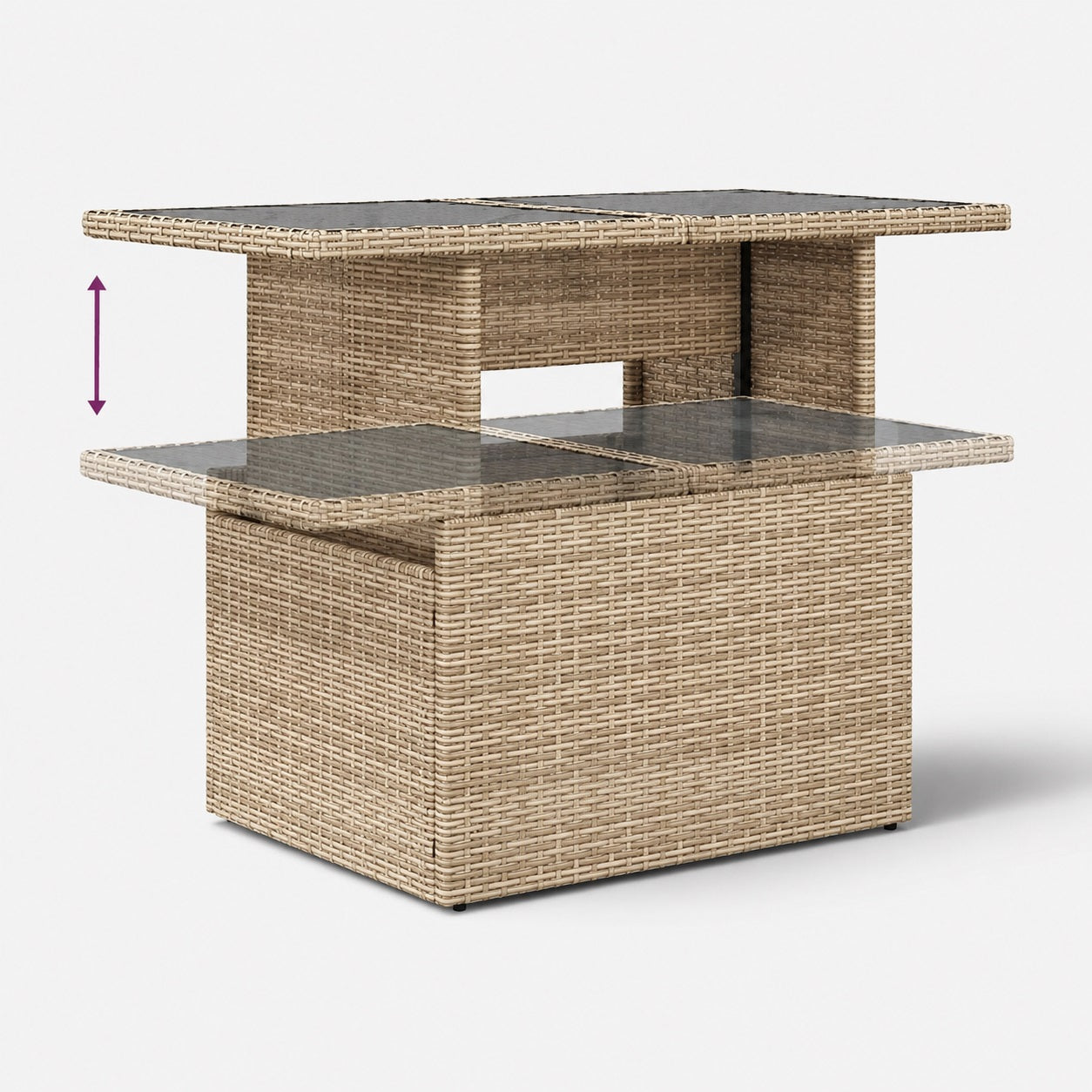 Table basse d'extérieur relevable beige avec double plateau en verre et rangement intégré en résine
