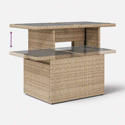 Table basse d'extérieur relevable beige avec double plateau en verre et rangement intégré en résine