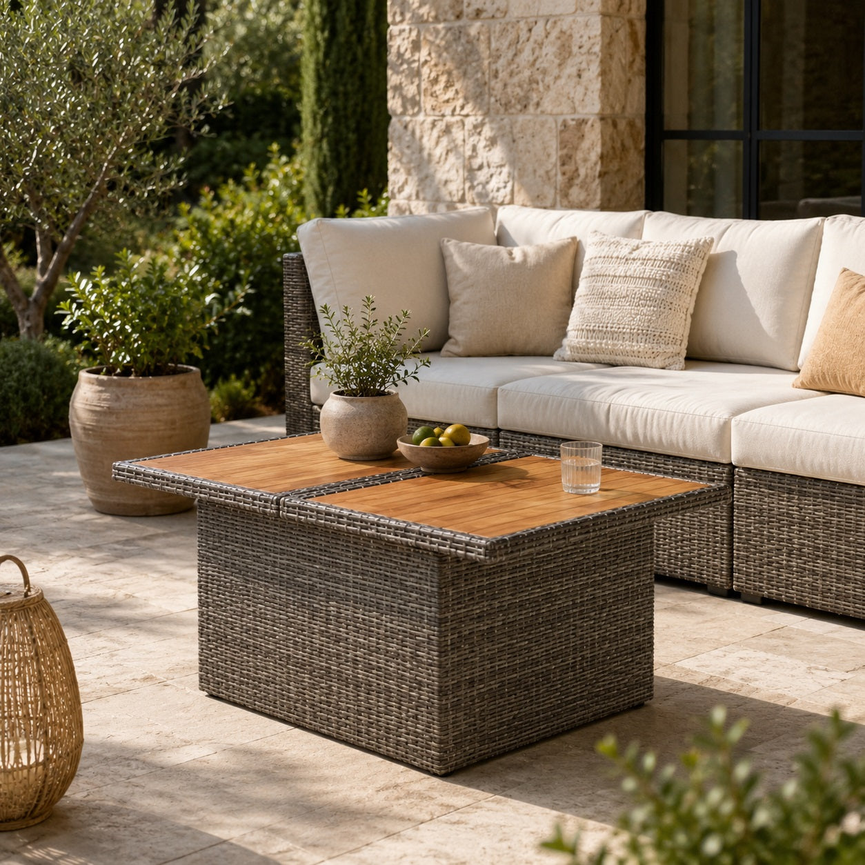 Table basse de jardin grise avec plateau bois dans un espace extérieur élégant et chaleureux