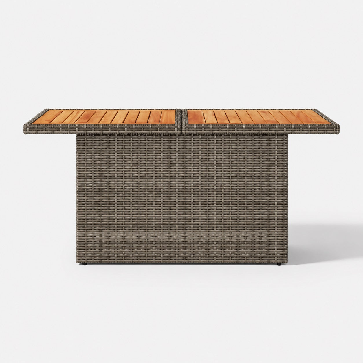 Table basse d'extérieur grise vue de face avec structure tressée et plateau bois naturel
