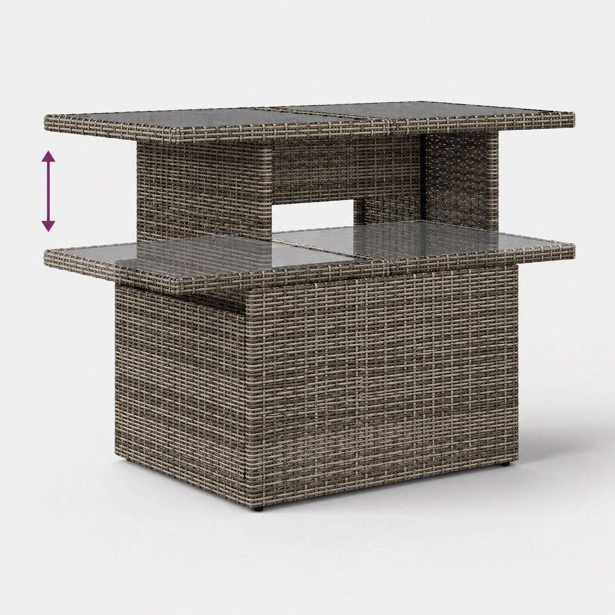 Table basse d'extérieur relevable grise avec double plateau en verre pour salon de jardin design