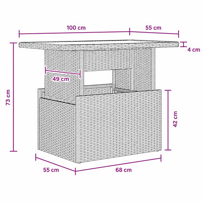 Dimensions table basse de jardin relevable en résine tressée avec plateau en verre extérieur