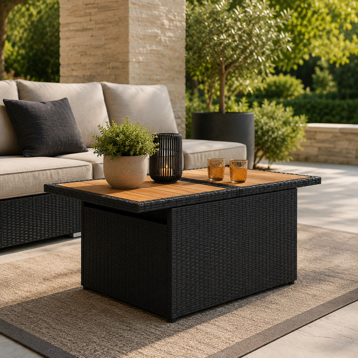Table basse d'extérieur noire avec plateau bois dans un coin détente extérieur contemporain