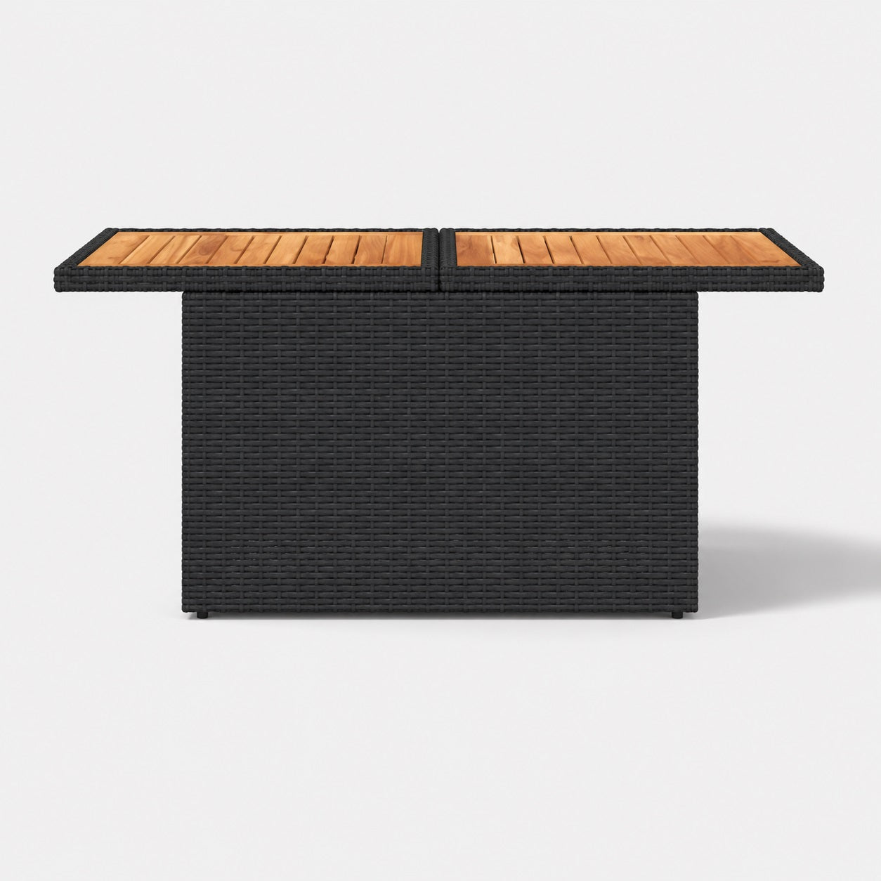 Table basse de jardin noire vue de face avec résine tressée et plateau bois élégant