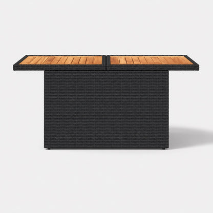 Table basse de jardin noire vue de face avec résine tressée et plateau bois élégant