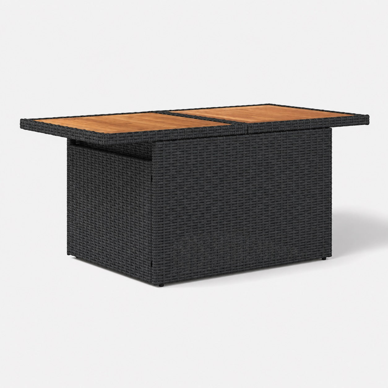 Table basse de jardin noire avec plateau bois pour salon extérieur moderne et terrasse design
