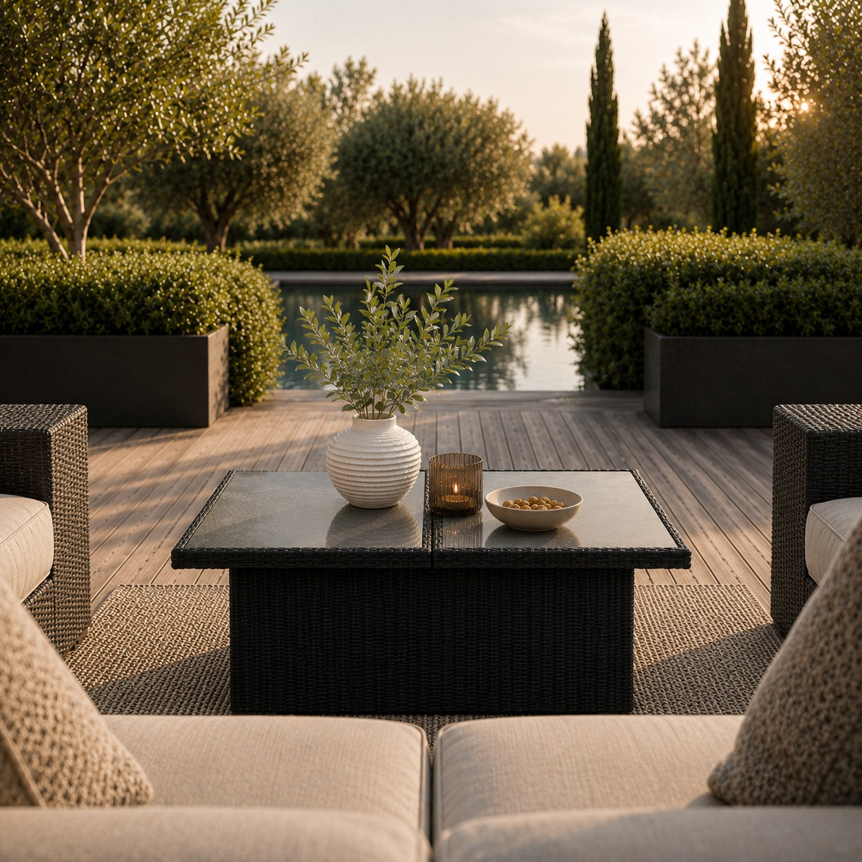 Table basse d'extérieur noire avec plateau en verre dans un salon de jardin au bord de piscine