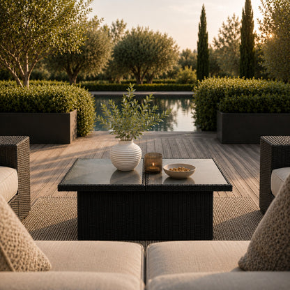 Table basse d'extérieur noire avec plateau en verre dans un salon de jardin au bord de piscine