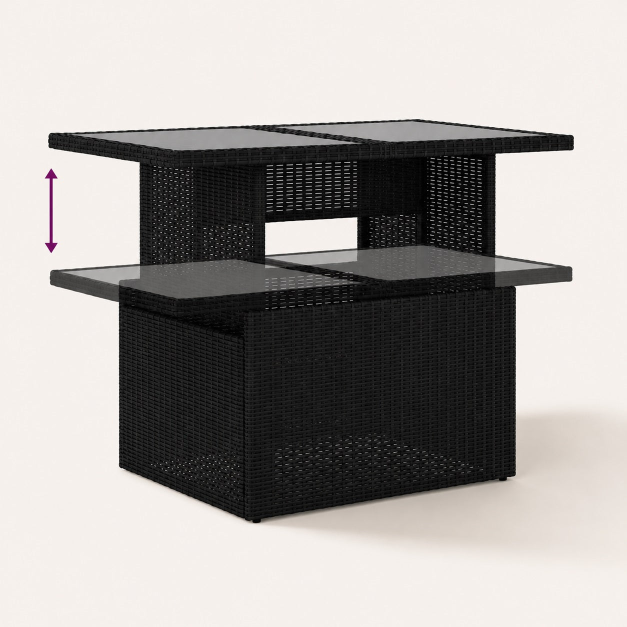 Table basse de jardin relevable noire avec plateau en verre et rangement pour terrasse design