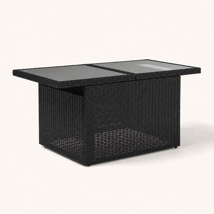 Table basse d'extérieur noire en résine tressée avec plateau en verre fumé pour terrasse moderne