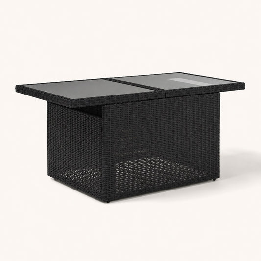 Table basse d'extérieur noire en résine tressée avec plateau en verre fumé pour terrasse moderne