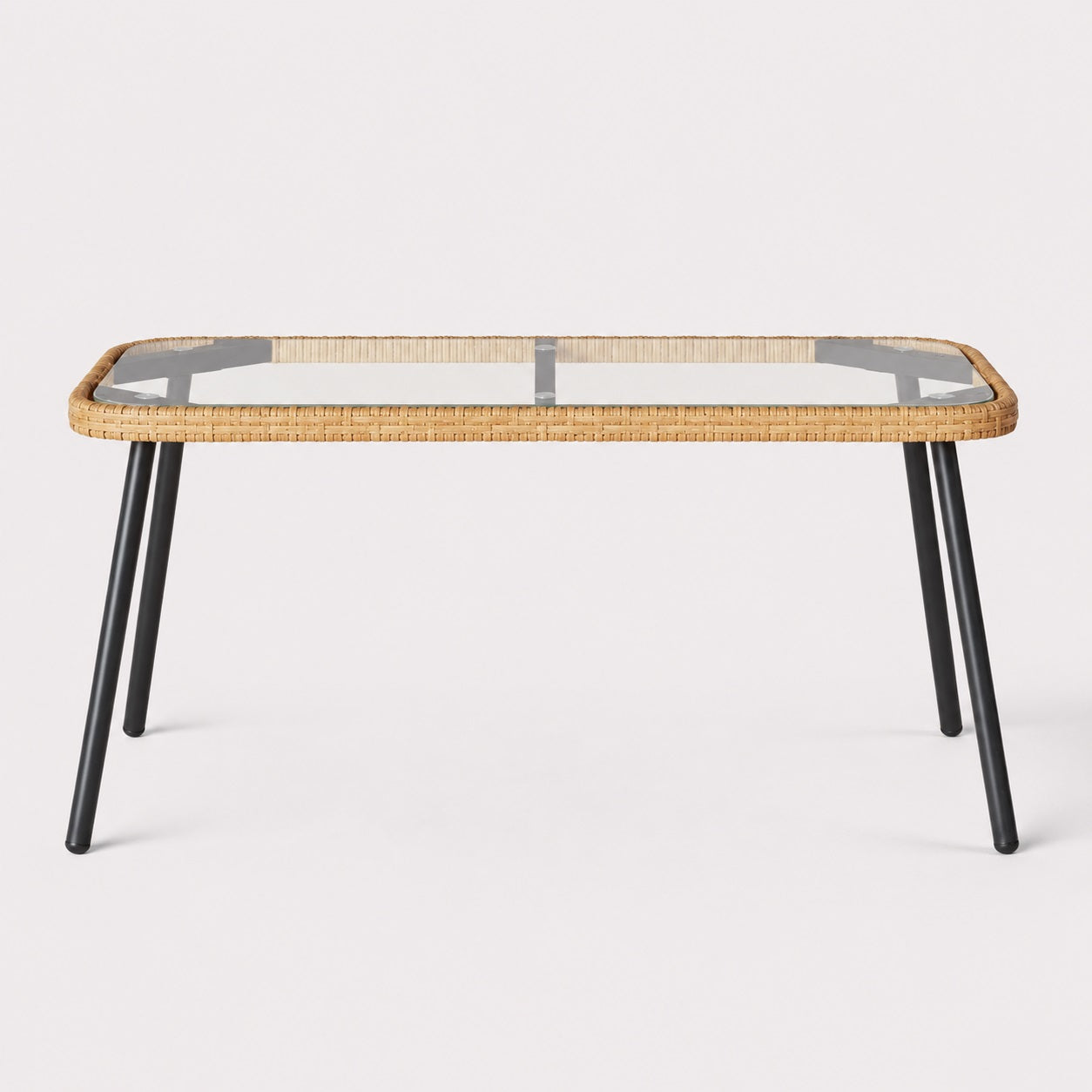 Table basse de jardin Nevara beige au design minimaliste avec structure noire élégante.
