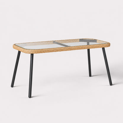 Table basse de jardin Nevara en résine tressée beige et verre, design élégant pour extérieur moderne.