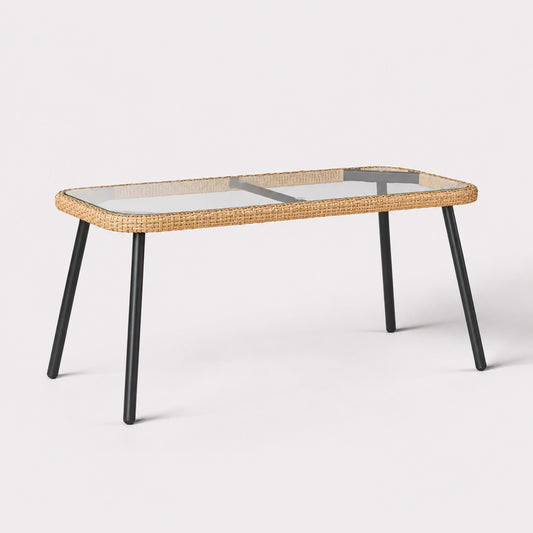 Table basse de jardin Nevara en résine tressée beige et verre, design élégant pour extérieur moderne.