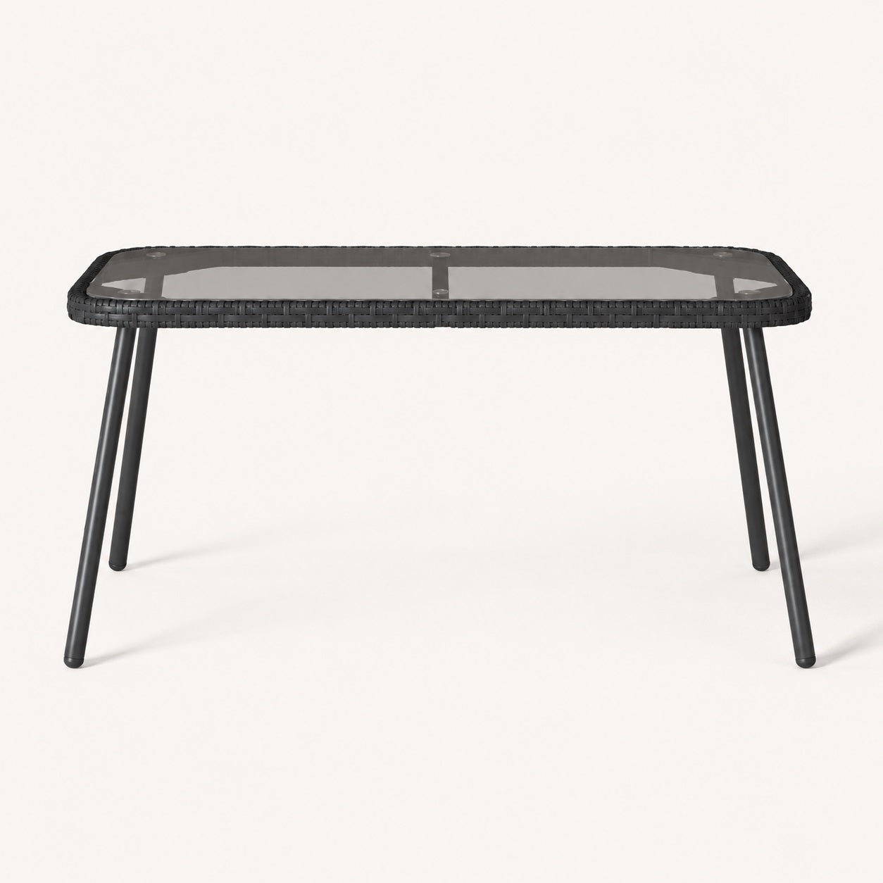 Table basse de jardin Nevara noire avec pieds métal et plateau verre design contemporain.