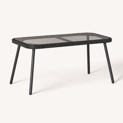 Table basse de jardin Nevara noire en résine tressée avec plateau en verre fumé.