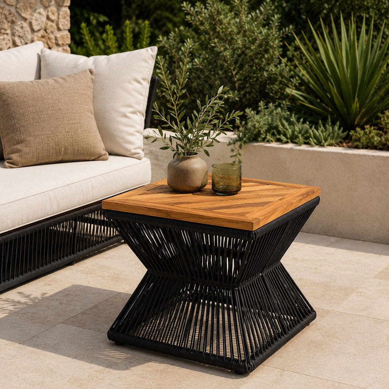 Table basse de jardin en bois et corde noire sur terrasse, table basse d'extérieur élégante