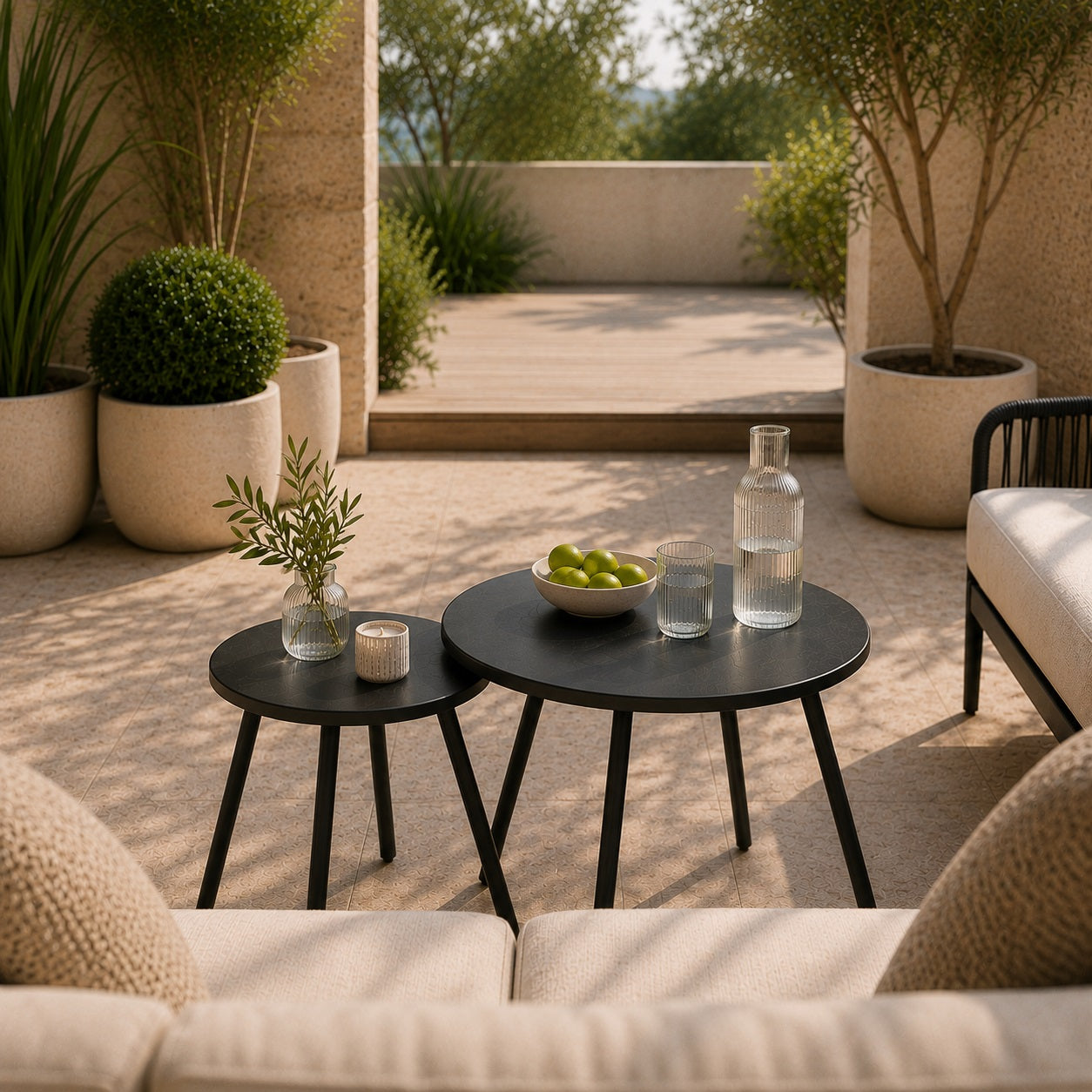 Ensemble de tables basses de jardin Orbyn noires, tables basses d’extérieur au style minimaliste