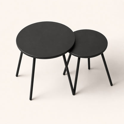 Table basse d’extérieur Orbyn vue du dessus, duo de tables basses de jardin rondes en métal noir