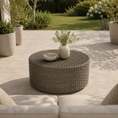 Table basse d’extérieure Oria beige ronde avec tressage effet rotin sur terrasse de jardin moderne