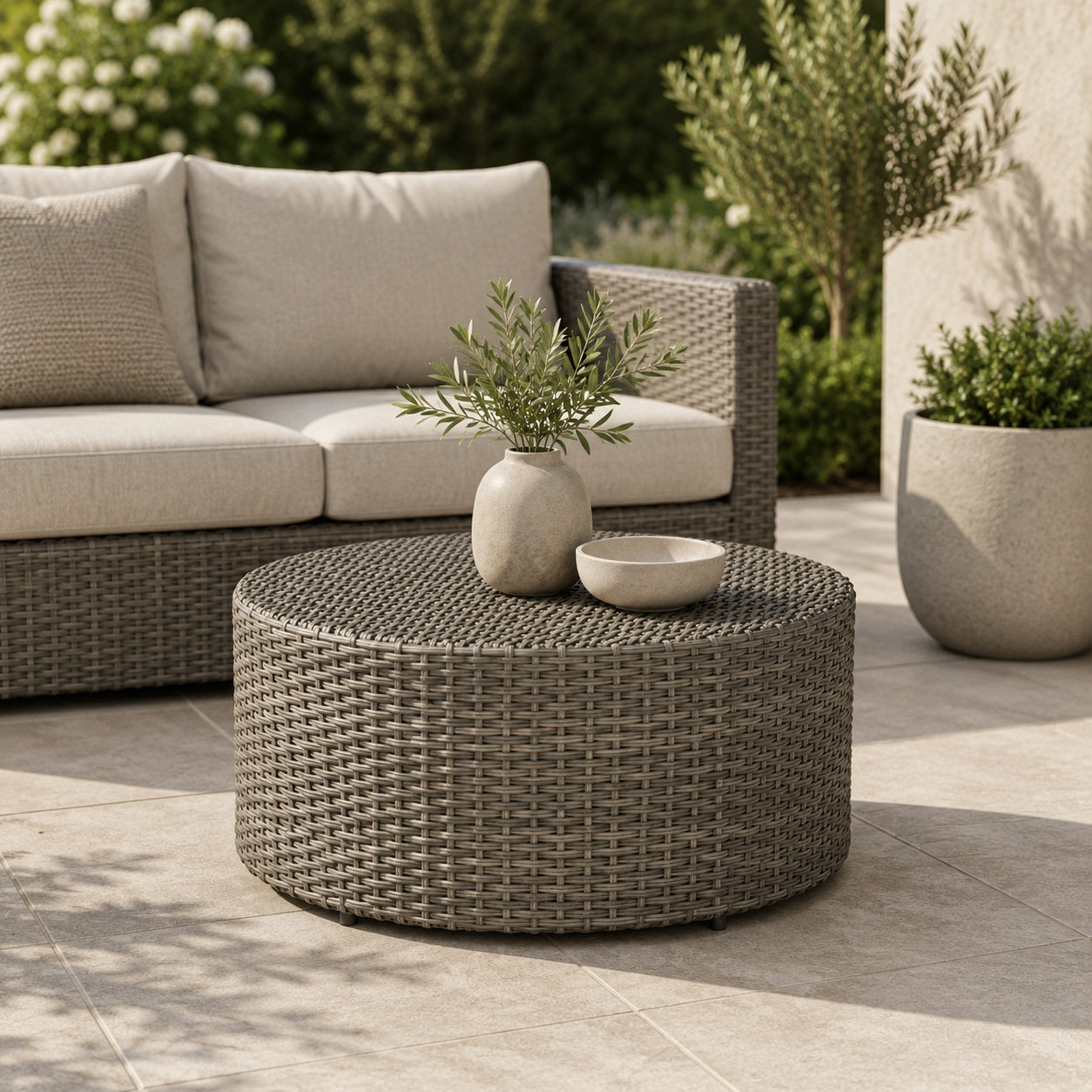 Table basse de jardin Oria beige en résine tressée dans un salon d’extérieur élégant et contemporain