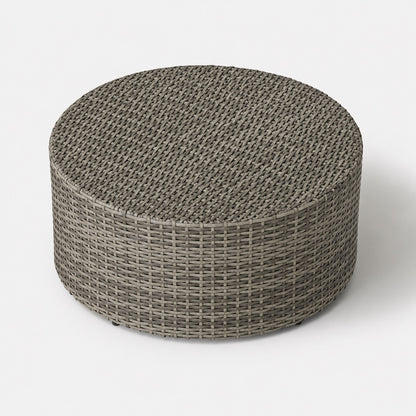 Table basse de jardin Oria vue du dessus en résine tressée beige au design d’extérieure contemporain