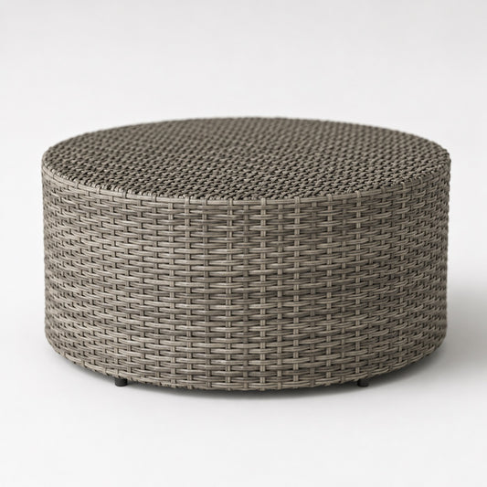 Table basse de jardin Oria ronde en résine tressée beige, idéale comme table basse d’extérieure moderne