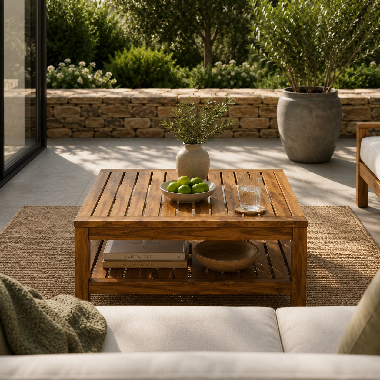 Grande table basse de jardin en bois naturel avec rangement, parfaite pour terrasse et extérieur contemporain.