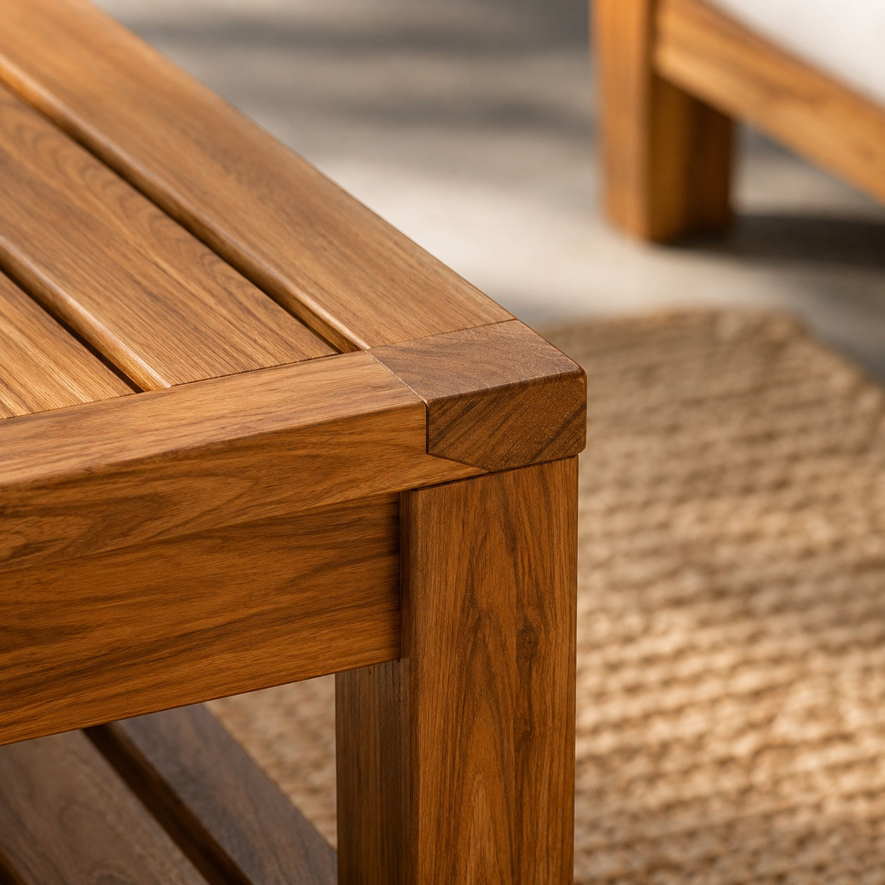 Gros plan sur l'angle d'une table basse en bois de jardin, mettant en valeur le veinage, les finitions et la qualité du bois.