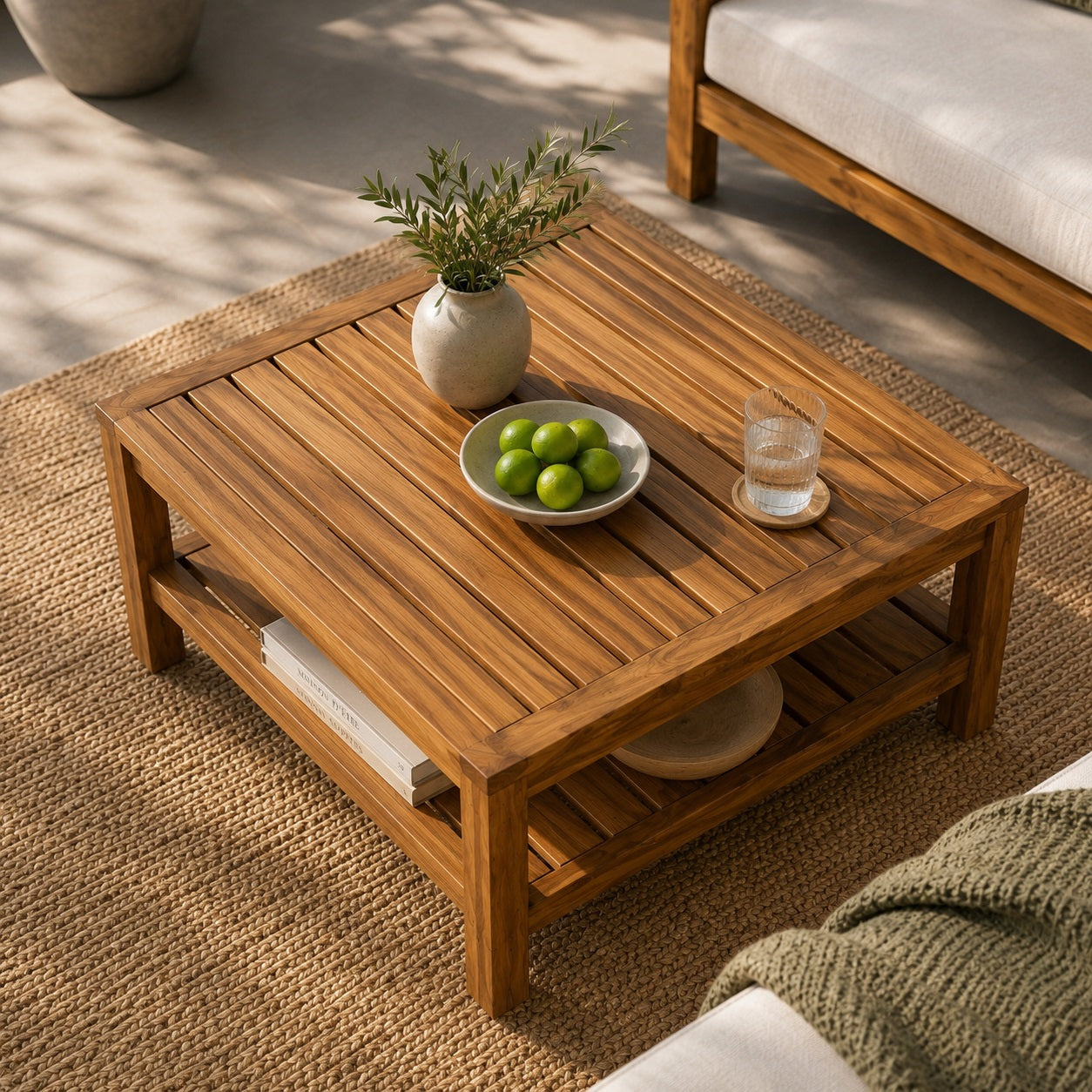 Table basse de jardin en bois vue à 60° de dessus, avec plateau à lattes et étagère de rangement sur une terrasse élégante.