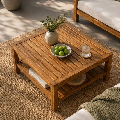 Table basse de jardin en bois vue à 60° de dessus, avec plateau à lattes et étagère de rangement sur une terrasse élégante.
