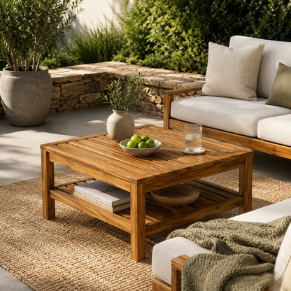 Table basse d’extérieur en bois sur terrasse moderne, idéale pour un salon de jardin chaleureux et élégant.