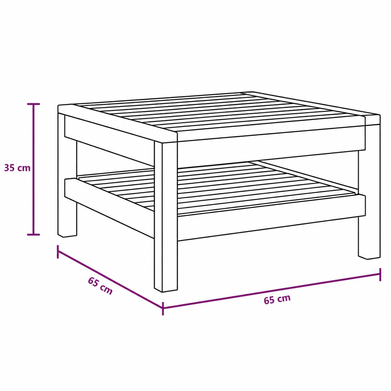 Dimensions table basse de jardin 65 x 65 x 35 cm, table basse d’extérieur en bois avec étagère basse.