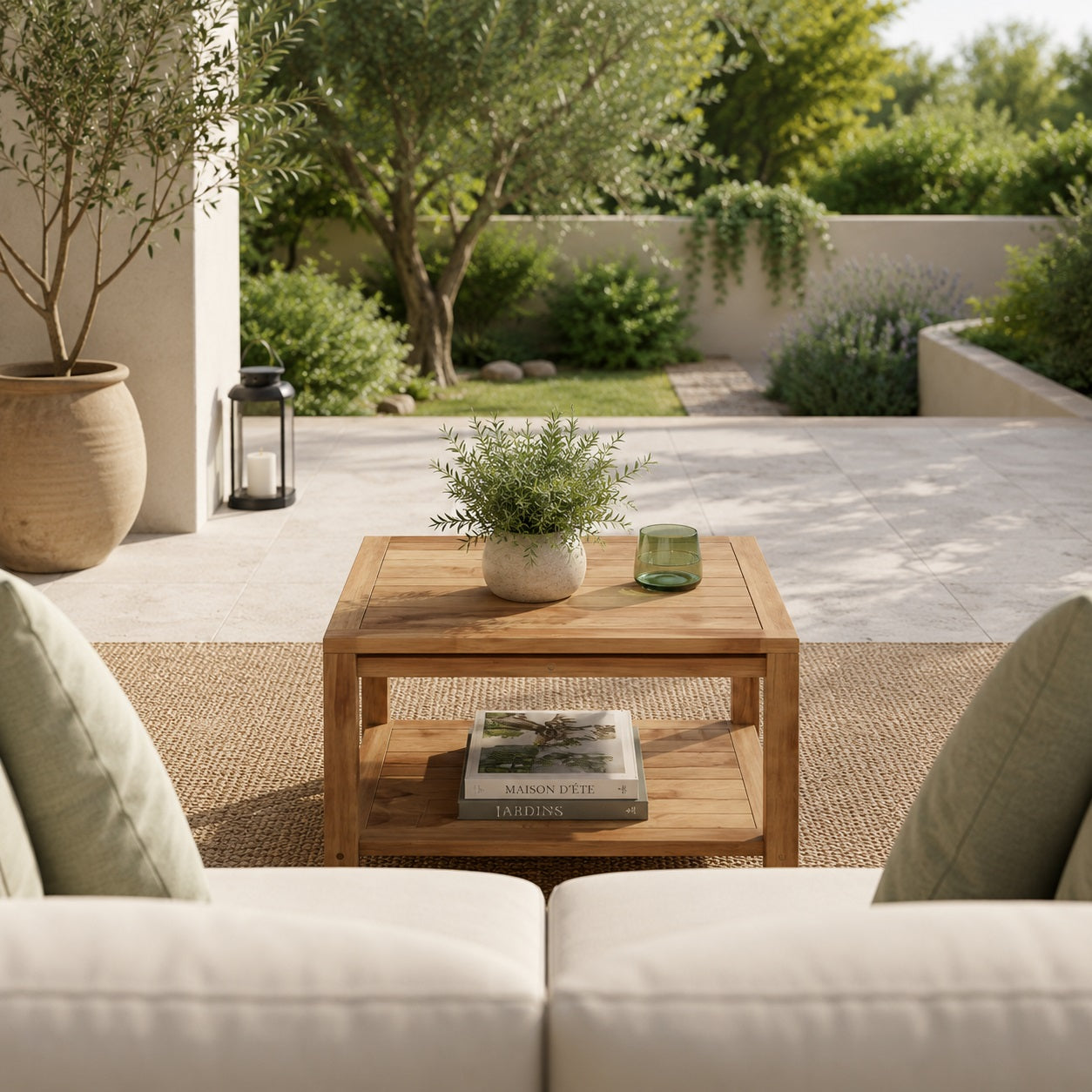 Table basse de jardin carrée Tavora en bois naturel sur terrasse extérieure avec décoration élégante