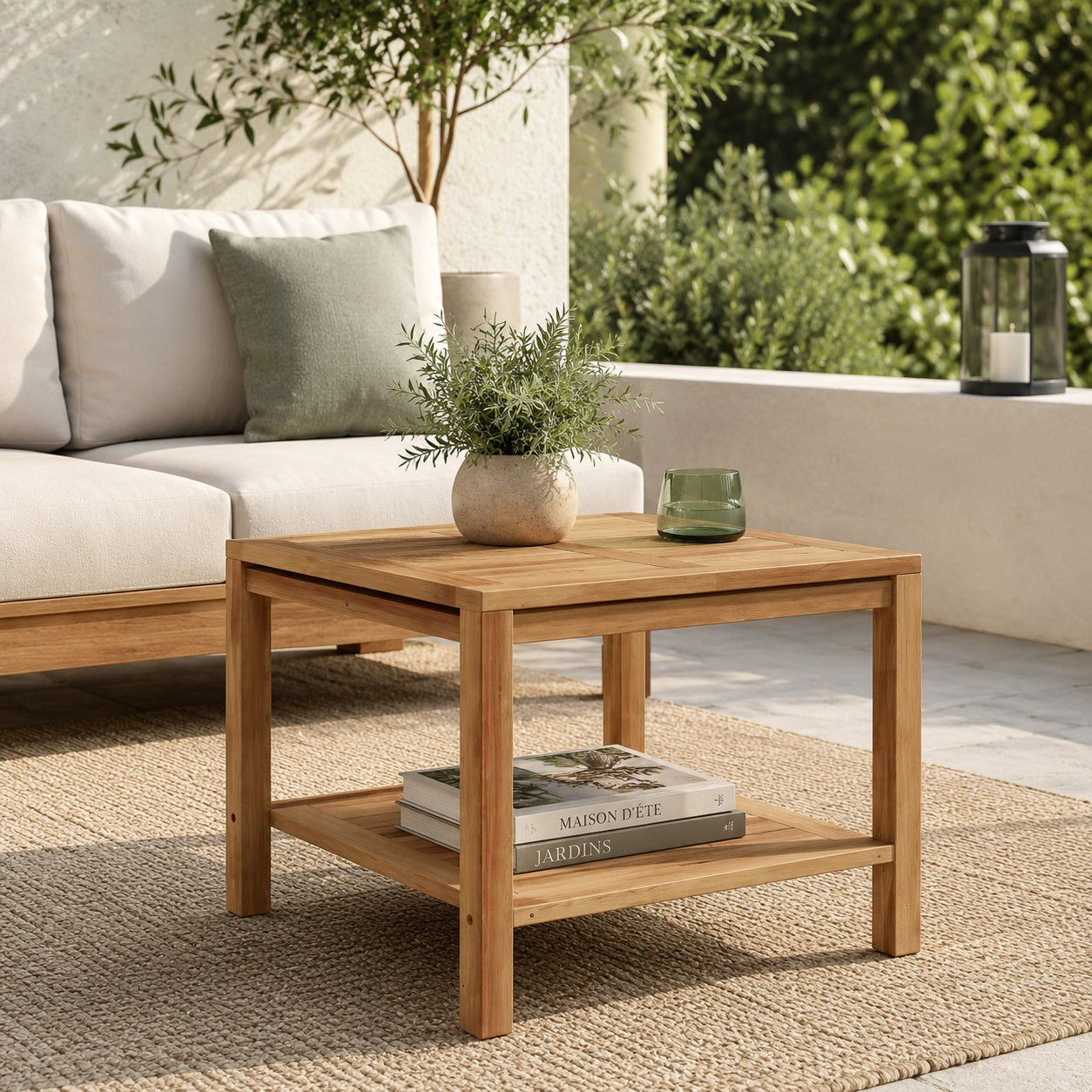Table basse d’extérieur Tavora carrée en bois pour salon de jardin moderne avec rangement bas pratique