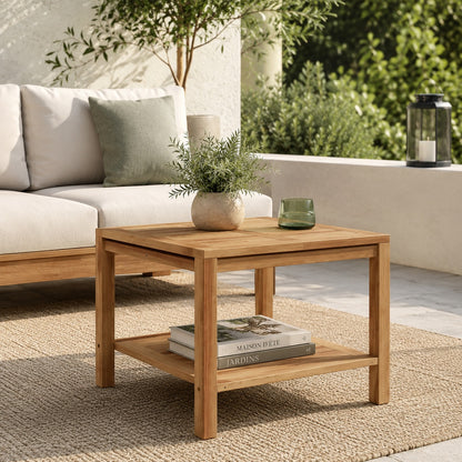Table basse d’extérieur Tavora carrée en bois pour salon de jardin moderne avec rangement bas pratique