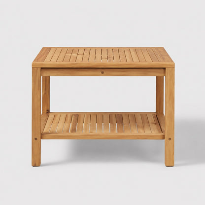 Table basse d’extérieur Tavora vue face avec double plateau en bois pour mobilier de jardin moderne