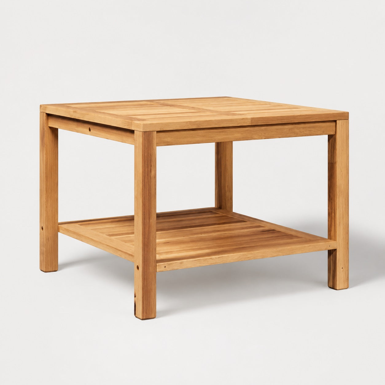 Table basse de jardin Tavora carrée en bois naturel avec étagère basse, idéale pour terrasse et salon extérieur