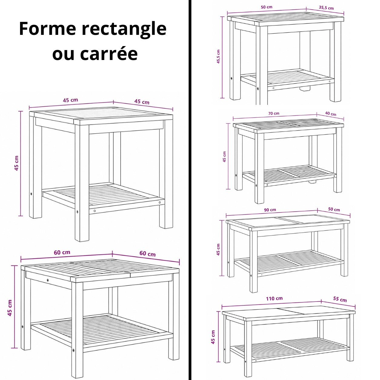 Dimensions table basse d’extérieur Tavora carrée et rectangulaire pour terrasse et salon de jardin
